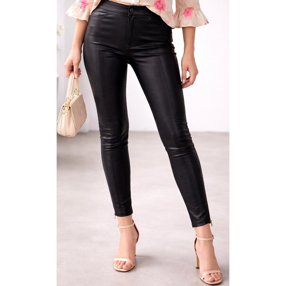 Muubaa Lamb Leather Skinny Pants Women 6 Black Side Zip Ankle Zip Moto